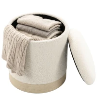 HOMCOM 38 cm ronde poef met Sherpa-bekleding, opbergruimte en metalen voet in houtlook, crèmewit(m-12)