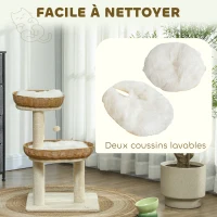 PawHut Arbre à chat arbre à grimper hauteur de 75,5 cm avec deux lits pour chat en rotin griffoirs coussins lavables beige(m-6)