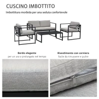 Outsunny Set Mobili da Giardino con Divano 2 Posti, 2 Poltrone e Tavolino in Alluminio con Cuscini, Grigio e Nero(m-6)