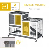 PawHut Conigliera in Legno con Ruote, Vassoi Estraibili e Casetta con Rampa, 110x50x88 cm, Grigio e Bianco(m-5)