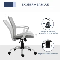 Vinsetto Chaise bureau fauteuil de bureau chaise ergonomique avec hauteur réglable, fonction à bascule, siège de bureau à roulettes pivotantes, charge 120 Kg, 61 x 61 x 99 cm gris clair et blanc(m-5)
