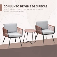 Outsunny Conjunto de Móveis de Jardim de Vime 3 Peças Incluí 1 Mesa de Centro e 2 Poltronas com Almofadas Acolchoadas Teca e Cinza(m-6)