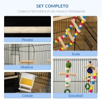 PawHut Gabbia per Uccelli con Scaletta, Altalena, Ciotole e Giochi, in Acciaio, PP e Legno, 46x36x100 cm, Nera(m-4)