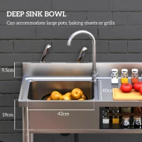 HOMCOM Outdoor Stainless Steel Kitchen Sink, Freestanding Sink Single Bowl with Cold and Hot Water Pipe and Storage Shelves(m-4)