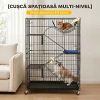 PawHut Cușcă pentru Pisici pe 4 Nivele, Cușcă Mare din Metal cu Roți, Negru(m-4)