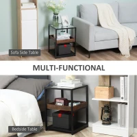 HOMCOM Industrial Side Table, 3-Tier End Table with Glass Top, Storage Shelves, Nightstand with Steel Frame for Bedroom, Living Room, Rustic Brown(m-7)