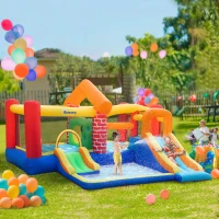 Outsunny 4 in 1 Large Bouncy Castle with Blower, Inflatable Bounce House with Double Slides, Trampoline, Inflatable House Pool, Climbing Wall, Carrybag for Kids Age 3-8, 3.8 x 3.7 x 2.3 m(m-2)