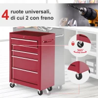 HOMCOM Carrello Porta Attrezzi 5 Cassetti con Chiave e Ruote Rosso(m-5)