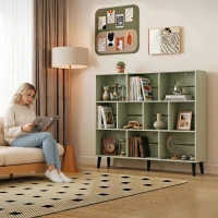 HOMCOM 10-Cube Bookcase, 3-Tier Book Shelf with Solid Wood Legs, 140 cm Modern Bookshelf with Anti-Tip Kit, Light Green(m-9)