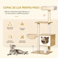 PawHut Tiragraffi per Gatti con 2 Pali, Casetta, Amaca, Lettino e 2 Palline, in Legno, Pile e Sisal, 48x40x126 cm(m-4)