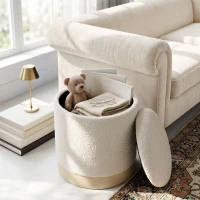 HOMCOM 38 cm ronde poef met Sherpa-bekleding, opbergruimte en metalen voet in houtlook, crèmewit(m-13)
