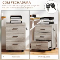 Vinsetto Bloco de Gavetas com 3 Gavetas Bloco de Gavetas de Escritório com Rodas Fechadura 2 Chaves Arquivado 40x40x61,5 cm Cinzento(m-4)