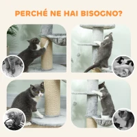 PawHut Albero Tiragraffi per Gatti Alto 103.5 cm con Lettino e Amaca, Rivestimento in Peluche, Grigio Chiaro(m-7)