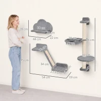 PawHut Three-Piece Wall-Mounted Cat Shelves, with Hammock, Ladder, Platforms, Scratching Post - Grey(m-3)
