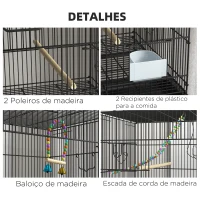 PawHut Gaiola Dupla e Empilhável para Pássaros 77x46x164 cm com Rodas Poleiros Bandeja Amovível Comedouros Baloiço e Escada Preto(m-6)