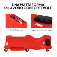 DURHAND Carrello da Meccanico con Poggiatesta Imbottito e 2 Vassoi Laterali in Plastica Rossa, 100x48x12 cm(m-5)