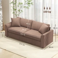 HOMCOM 3 Seater Sofa, 212cm Corduroy Couch with Spring Cushion, Wide and Deep Seat, Plush Backrest, 2 Pillows, Sofa Settee for Living Room, Home Office, Coffee(m-3)