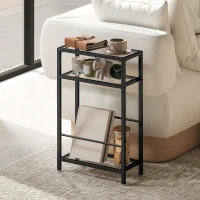 HOMCOM 3-Tier Side Table, Narrow End Table with Storage Shelf and Tempered Glass Tabletop for Small Spaces, Black(m-10)