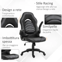 Vinsetto Poltrona Gaming o da Ufficio in Similpelle Nera, Braccioli Pieghevoli Schienale e Altezza Regolabile 117-127Acm(m-8)