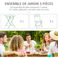 Outsunny Salon de jardin bistro pliable - table carrée dim. 60L x 60l x 71H cm avec 2 chaises - métal thermolaqué vert d'eau(m-6)