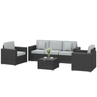 Outsunny 5 Seater Rattan Garden Furniture Set with Wide Armrests, Cushions, Pillows for Patio, Dark Grey(m-15)