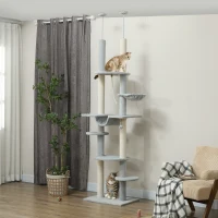 PawHut Arranhador para Gatos do Chão ao Teto 225-255 cm com 7 Níveis Rede Plataformas Postes de Arranhar  Cinza(m-10)