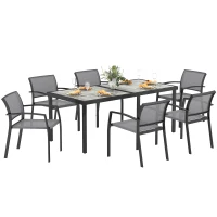 Outsunny 7-delige eettafelset, 6 stoelen, 1 tafel, stapelbaar, gemakkelijk te reinigen, stalen frame, tuinmeubelset, grijs(m-11)
