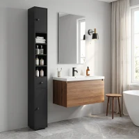 kleankin 180 cm smalle badkamerkast, toiletrolhouder met open vakken en 2 deuren, zwart(m-2)
