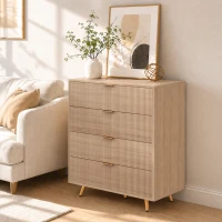 HOMCOM Bedroom Chest of Drawers with 4 Drawers, Fluted Dresser with Gold Tone Handles, Storage Cabinet, Natural(m-8)