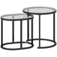 HOMCOM Nest of Tables with Steel Frame and Tempered Glass Tabletop, Modern Coffee Table Set of 2, Black(m-1)