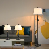 HOMCOM 3er-Set Stehlampen-Set inkl. 2 Tischleuchten, 1 Stehleuchte, Tischlampen-Set mit E27 Fassung, Lampenschirm aus Leinen Standlampe für Wohnzimmer, Schlafzimmer, Weiß+Schwarz(m-10)