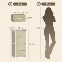 HOMCOM Chest of Drawers, Dresser with 4 Fabric Drawers, Tall Storage Unit with 4 Pockets and 2 Hooks, Steel Frame, Natural Wood(m-3)