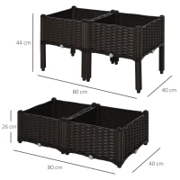 Outsunny verhoogd bed, 4-delige plantenbak met afwateringsgaten, plantenkasst in rotan-look, PP, bruin(m-3)