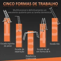 DURHAND Escada Telescópica 5 em 1 Dobrável Escada Multifuncional com Plataformas Removíveis 12 Degraus 339x76x10cm Prata(m-4)