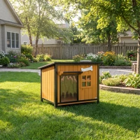 PawHut Hundehütte Holz Outdoor Hundehaus mit Asphalt-Dach zum Öffnen herausnehmbarem Boden Türvorhang Stahlrahmen 84,5x62x65cm(m-8)