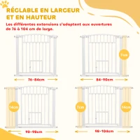 PawHut Barrière de sécurité chien système de double verrouillage montage par pression ou perçage largeur 76-104 cm blanc(m-4)