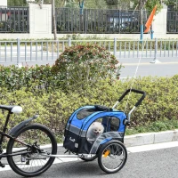 PawHut Carrello 2 in 1 Passeggino per Cani e Rimorchio Bici, Ruota Girevole Catarifrangenti e Bandierina 130x58x94cm Blu(m-2)