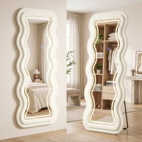 HOMCOM Full Length Mirror, 160 x 60 cm Wavy Full Body Wall Standing Mirror with Velvet Frame and LED Light Strip, Cream White(m-2)