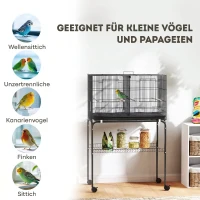 PawHut Vogelkooi/Vogelvolière met Wielen, 2 Deuren, 4 Zitstokken, Opbergplank, Metaal, 76 x 46 x 116 cm, Zwart(m-9)