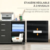 HOMCOM Support d'imprimante organiseur bureau caisson 3 tiroirs + 2 niches + grand plateau panneaux particules noir(m-5)