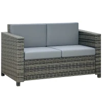 Outsunny Poly-rotan bank met kussens 2-zits loungebank tuin metaal polyester grijs(m-11)