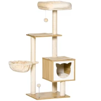 PawHut Tiragraffi per Gatti con 2 Pali, Casetta, Amaca, Lettino e 2 Palline, in Legno, Pile e Sisal, 48x40x126 cm(m-1)