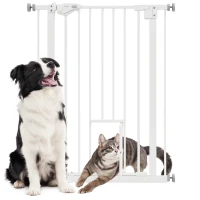 PawHut Deurhekje met Kattenluikje, Montage Zonder Boren, Variabele Breedte 74-80 cm, Met Één Hand Te Openen, Metaal, Wit(m-11)