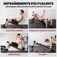 HOMCOM Banc de musculation pliable multifonction banc Fitness sit-up sangles d'extension latérales + ressort traction acier revêtement synthétique rouge noir(m-4)