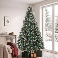 HOMCOM Árbol de Navidad Artificial Nevado 240 cm con 1773 Ramas Bayas Rojas Piñas Base de Acero Plegable Montaje Rápido Verde(m-10)