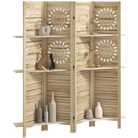 HOMCOM Paravent intérieur 4 panneaux et 3 étagères, 160 x 170 cm, séparateur de pièce pliable, bois de paulownia, bois naturel(m-11)