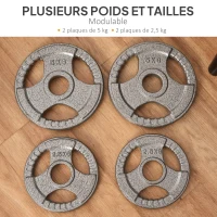 HOMCOM Disques de Poids 2,5/2,5/5/5 kg, Total 15 kg, en Acier, 4 Poids Musculation pour Barres Olympiques 50 mm, Acier, Noir(m-7)