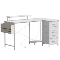 HOMCOM L Shaped Gaming Desk Reversible Power Outlets Corner Desk Storage Drawers Monitor Shelf 150 cm White(m-1)