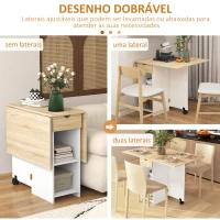 HOMCOM Mesa de Cozinha Dobrável com Rodas Laterais Rebatíveis Gaveta e Prateleiras para 2-4 Pessoas 120x72x75 cm Madeira Branco(m-5)