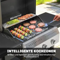 Outsunny Gasbarbecue 9 kW 3 Branders BBQ Grillwagen Roestvrij Staal incl. Uitklapbare Zijtafels Kruidenrek Onderrek 6 Haken(m-6)